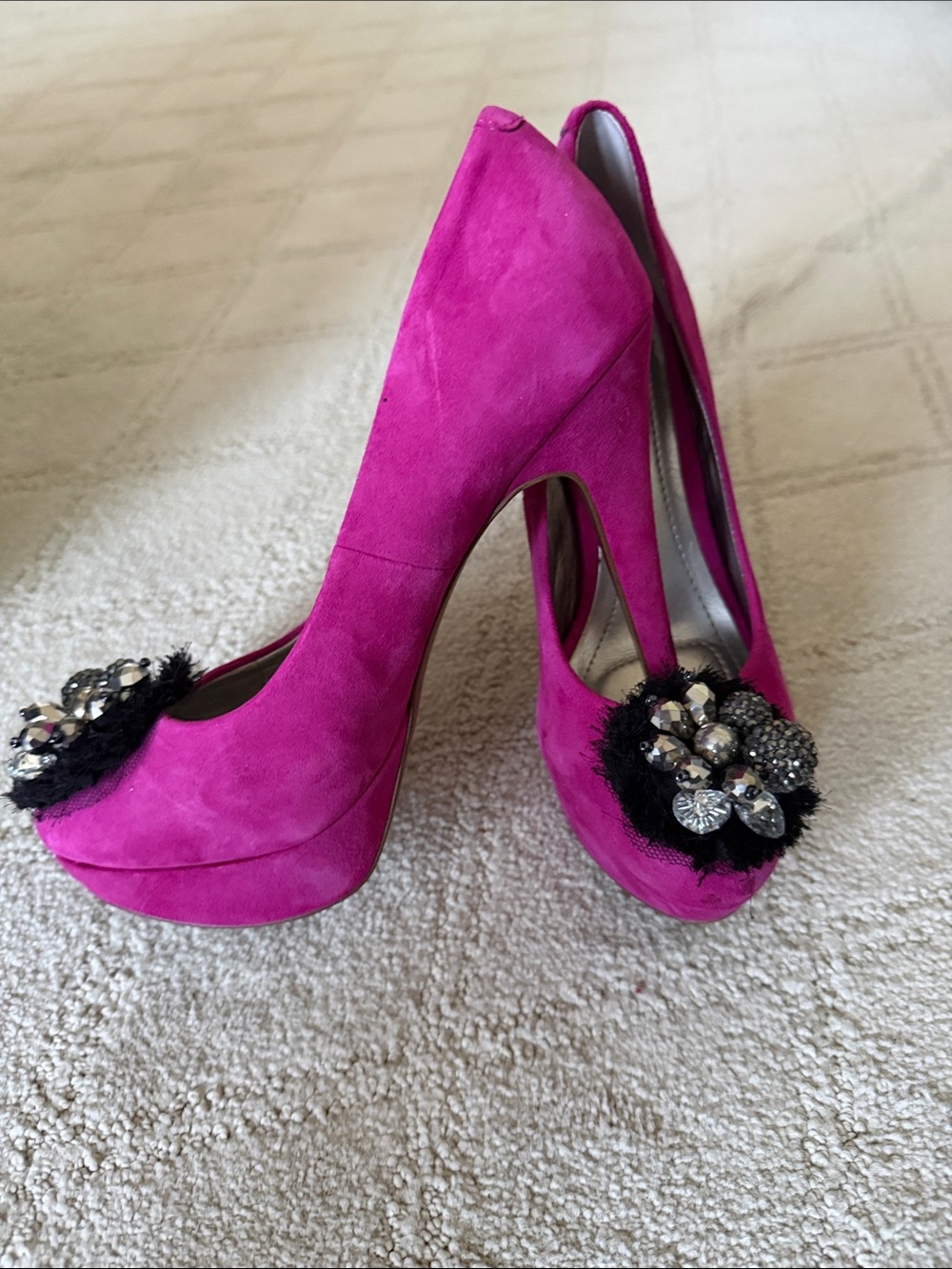 BCBGeneration Fuchsia Suede Platform Heels with Crystal and Black Trim